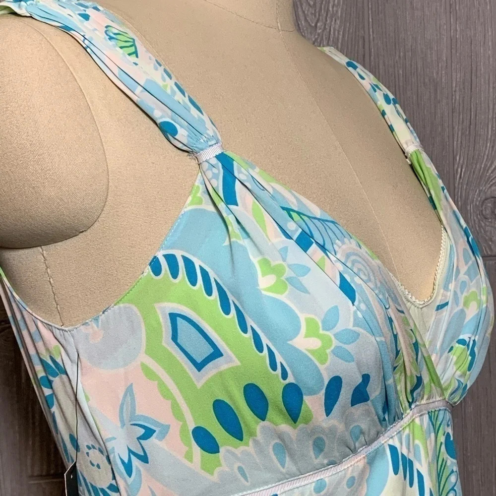 Elie Tahari Blue & Green Print Silk Dress 10 Fits like 6 NWT - Picture 3 of 7